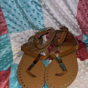 Brown T-Strap Sandals with Metallic Accents